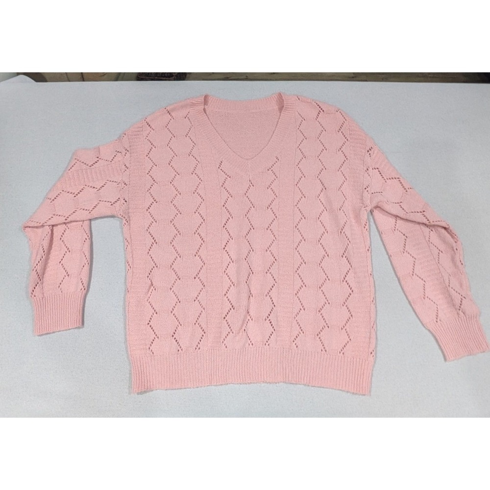 Shein Curve Sweater Womens 0XL Pink Excellent Pointelle Knit V-Neck Long Sleeve
